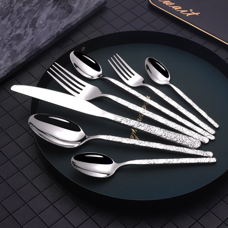 Premium Stainless Steel Steak Cutlery – Embossed Textured Handle for Elegant Western Dining