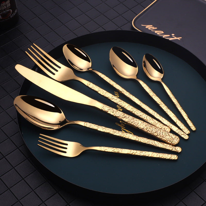 Premium Stainless Steel Steak Cutlery – Embossed Textured Handle for Elegant Western Dining