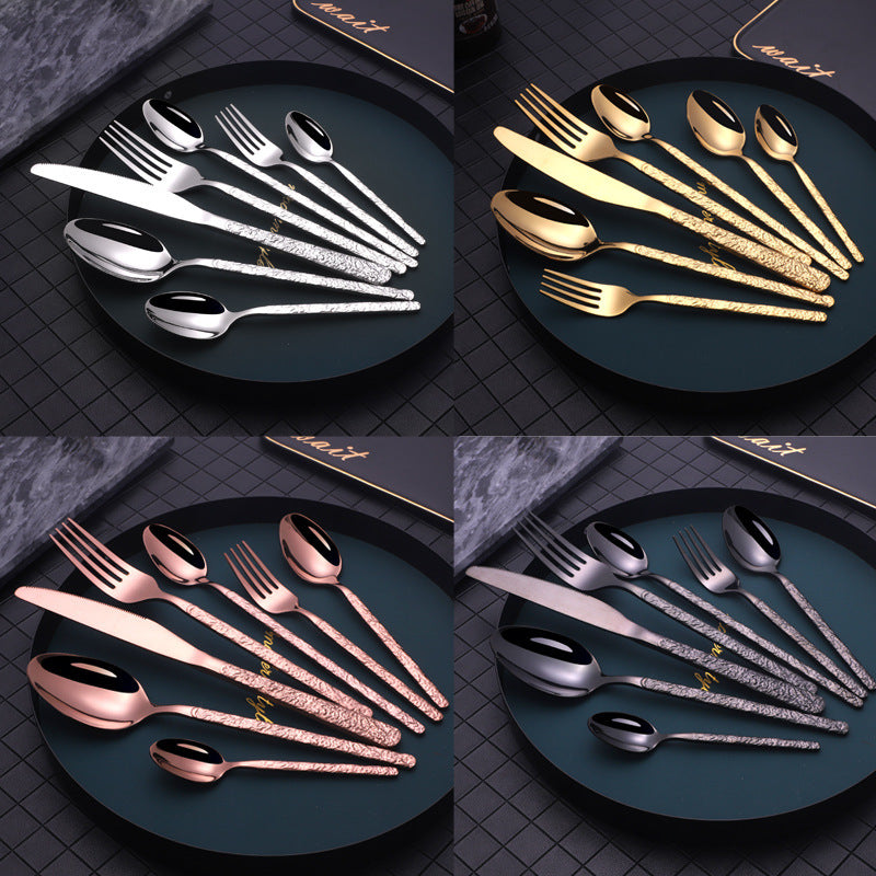 Premium Stainless Steel Steak Cutlery – Embossed Textured Handle for Elegant Western Dining