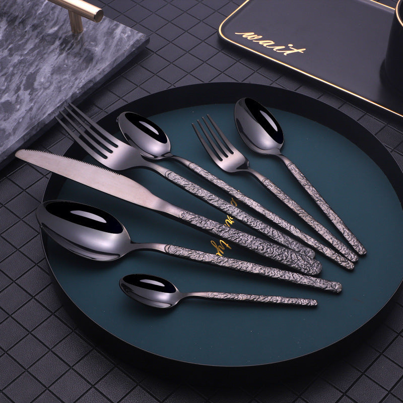 Premium Stainless Steel Steak Cutlery – Embossed Textured Handle for Elegant Western Dining